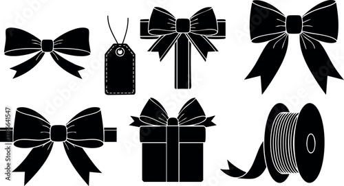 Black Ribbon Bows and Gift Wrapping Elements Vector Illustration Set 