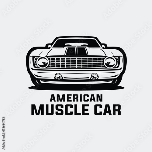 Classic american muscle car front view monochrome silhouette vector isolated