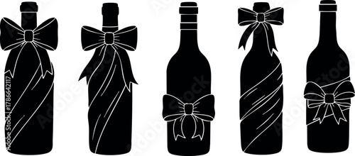 Decorative wine bottles with bows and ribbons vector illustration in black silhouette style 