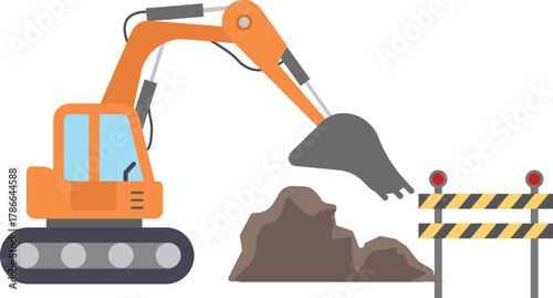 Excavator Digging Dirt Pile with Construction Barrier