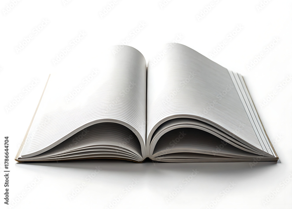 Fototapeta premium An open notebook with lined pages is displayed against a white background in a studio setting