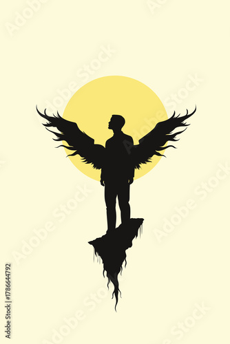 Silhouette of a man with wings standing on a floating rock against the sun, symbolizing freedom, ambition, faith, hope, spiritual awakening, and transcendence.