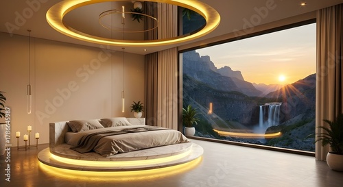 Luxurious modern bedroom with circular bed, marble platform, and panoramic mountain view at sunset. Warm golden lighting, elegant interior design, opulent and serene atmosphere.3462