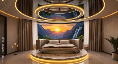 Luxurious modern bedroom with circular bed, marble platform, and panoramic mountain view at sunset. Warm golden lighting, elegant interior design, opulent and serene atmosphere.343