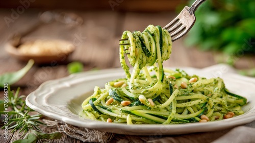 Zucchini pesto noodles with pine nuts on fork