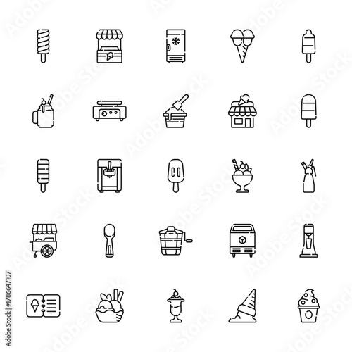 25 set of outline web ice cream shop icons such as stand, smoothie,  , stand, menu vector thin icons for report, presentation, diagram, web design, mobile app