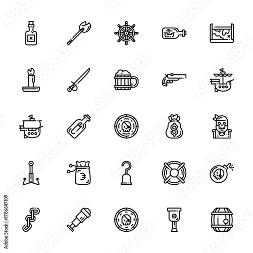 25 set of outline web pirates icons such as match, candle, ship, anchor, chain vector thin icons for report, presentation, diagram, web design, mobile app
