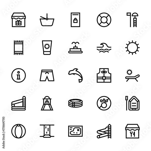 25 set of outline web water park icons such as basket, towel, info, swimming pool, beach ball vector thin icons for report, presentation, diagram, web design, mobile app