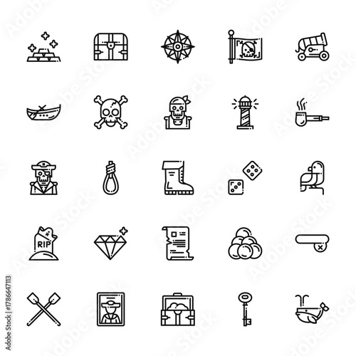 25 set of outline web pirates icons such as chest, boat, pirate, grave, paddles vector thin icons for report, presentation, diagram, web design, mobile app
