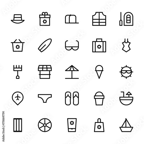 25 set of outline web summer sales icons such as gift, shopping basket, rake, pin, inflatable vector thin icons for report, presentation, diagram, web design, mobile app