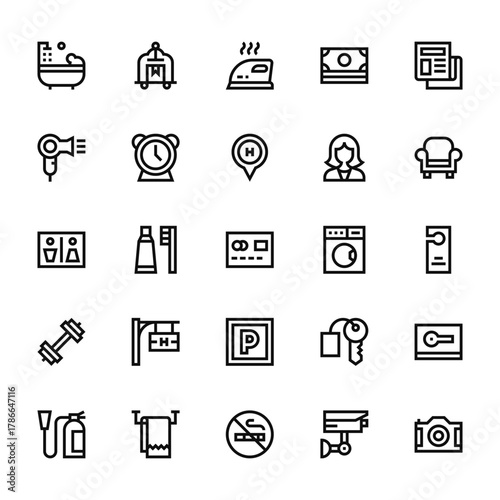 25 set of outline web hotel icons such as cart, hair dryer, wc, dumbbell, fire extinguisher vector thin icons for report, presentation, diagram, web design, mobile app