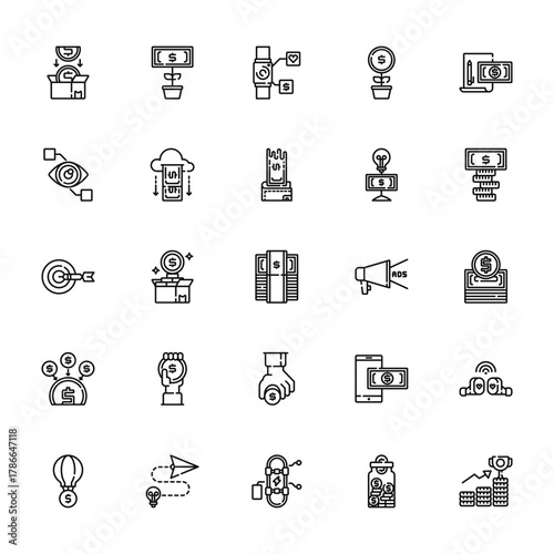 25 set of outline web crowdfunding icons such as growth, bionic contact lens, target, crowdfunding, investment vector thin icons for report, presentation, diagram, web design, mobile app