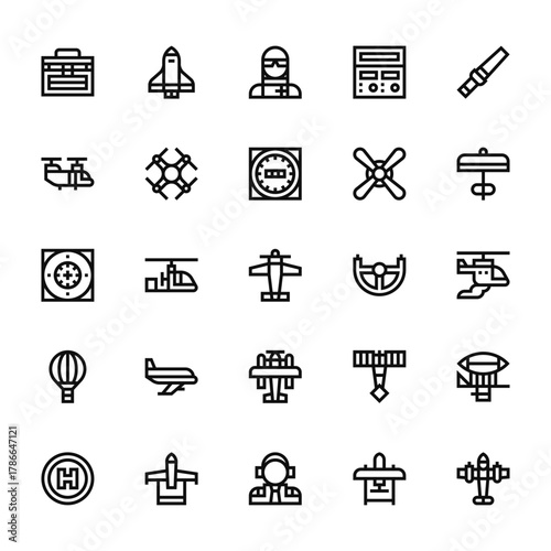 25 set of outline web aviation icons such as space shuttle, helicopter, radar, hot air balloon, heliport vector thin icons for report, presentation, diagram, web design, mobile app