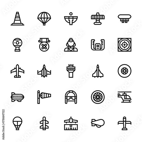 25 set of outline web aviation icons such as parachute, hot air balloon, aeroplane, zeppelin, hot air balloon vector thin icons for report, presentation, diagram, web design, mobile app