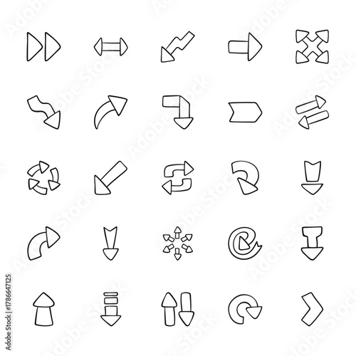 25 set of outline web arrows icons such as double arrow, diagonal arrow, recycle, curve arrow, up vector thin icons for report, presentation, diagram, web design, mobile app