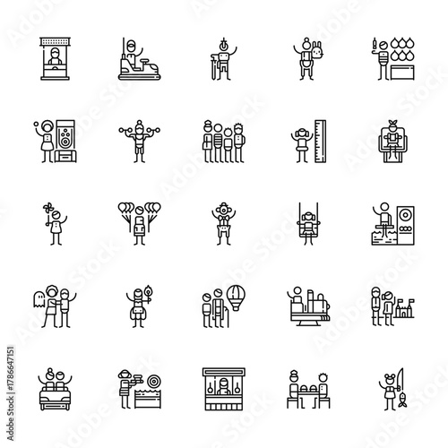 25 set of outline web amusement park icons such as bumper car, skee ball, pinwheel, haunted house, amusement park vector thin icons for report, presentation, diagram, web design, mobile app