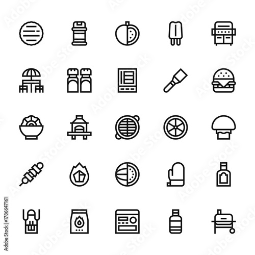 25 set of outline web  icons such as condiments, table, salad, brochette, apron vector thin icons for report, presentation, diagram, web design, mobile app
