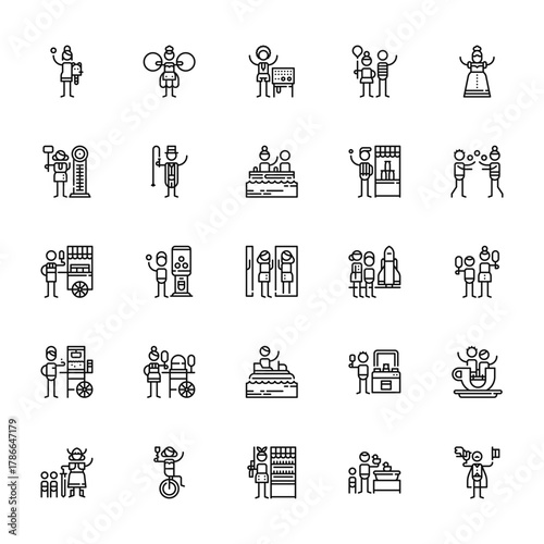 25 set of outline web amusement park icons such as acrobat, game, ice cream, popcorn, viking vector thin icons for report, presentation, diagram, web design, mobile app