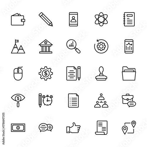 25 set of outline web business icons such as pencil, goal, mouse, banking, money vector thin icons for report, presentation, diagram, web design, mobile app