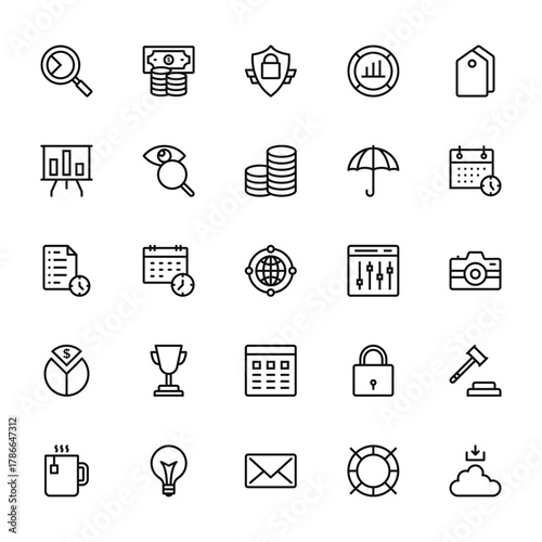 25 set of outline web business icons such as money, analytics, file, pie chart, tea cup vector thin icons for report, presentation, diagram, web design, mobile app