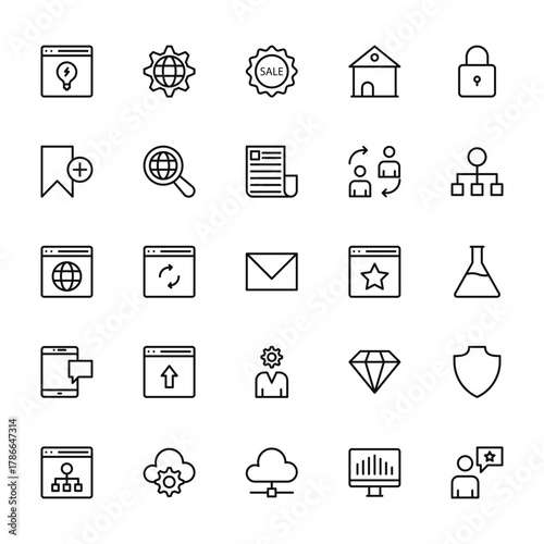 25 set of outline web seo and marketing icons such as earth globe, badge, browser, cellphone, arrows vector thin icons for report, presentation, diagram, web design, mobile app