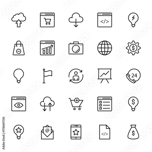 25 set of outline web seo and marketing icons such as browser, bag, electricity, browser, creative vector thin icons for report, presentation, diagram, web design, mobile app