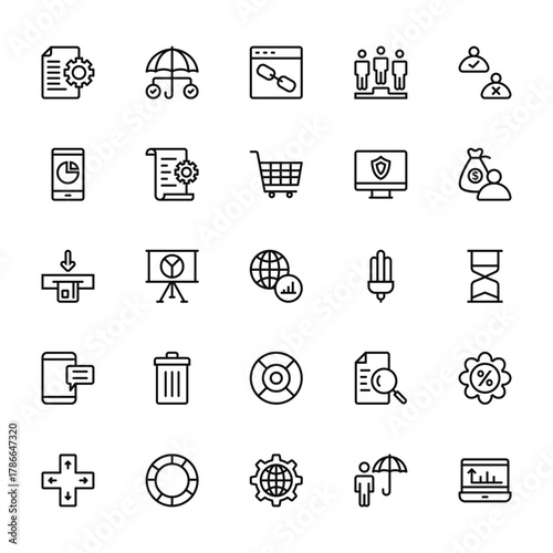 25 set of outline web business icons such as protection, analytics, atm, smartphone, move vector thin icons for report, presentation, diagram, web design, mobile app