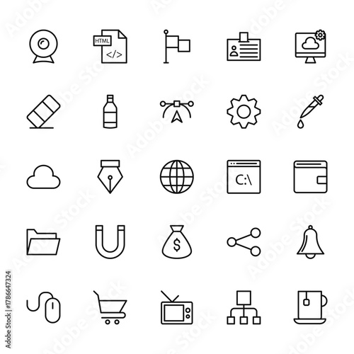 25 set of outline web web design and programming icons such as archive, clean, cloud computing, data storage, clicker vector thin icons for report, presentation, diagram, web design, mobile app