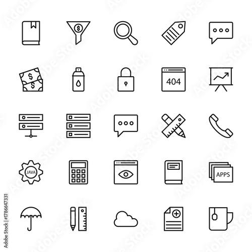 25 set of outline web web design and programming icons such as business and finance, bank, database, cogwheel, protection vector thin icons for report, presentation, diagram, web design, mobile app
