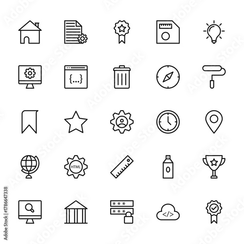 25 set of outline web web design and programming icons such as archive, cogwheels, badge, earth globe, computer vector thin icons for report, presentation, diagram, web design, mobile app