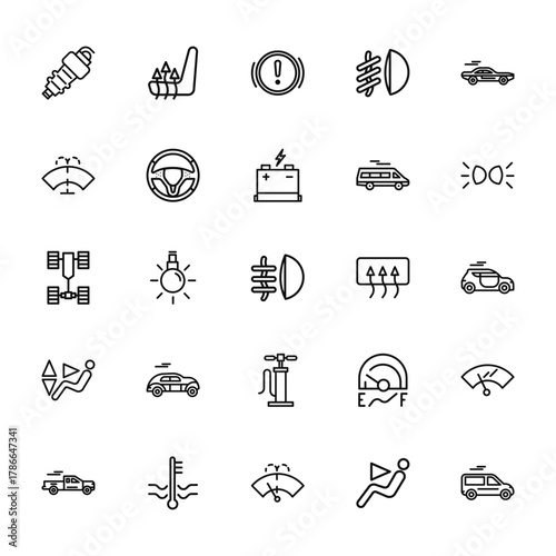25 set of outline web auto icons such as chair, windshield, car, chair, truck vector thin icons for report, presentation, diagram, web design, mobile app