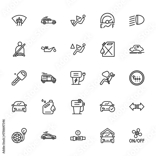 25 set of outline web auto icons such as car, seat belt, car key, car, tire pressure vector thin icons for report, presentation, diagram, web design, mobile app