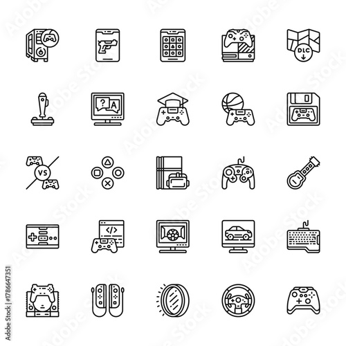 25 set of outline web gaming icons such as shooting game, joystick, match, gamepad, game console vector thin icons for report, presentation, diagram, web design, mobile app
