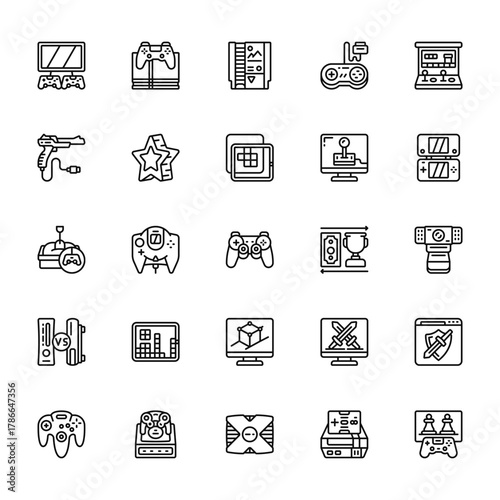 25 set of outline web gaming icons such as game console, shooting game, sandbox, comparison, gamepad vector thin icons for report, presentation, diagram, web design, mobile app