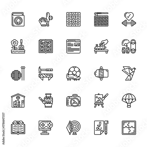 25 set of outline web hobby icons such as baseball, gardening, knitting, brewing, open book vector thin icons for report, presentation, diagram, web design, mobile app