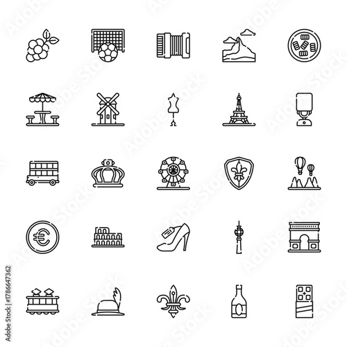 25 set of outline web travel icons such as soccer, terrace, double decker, euro, tram vector thin icons for report, presentation, diagram, web design, mobile app