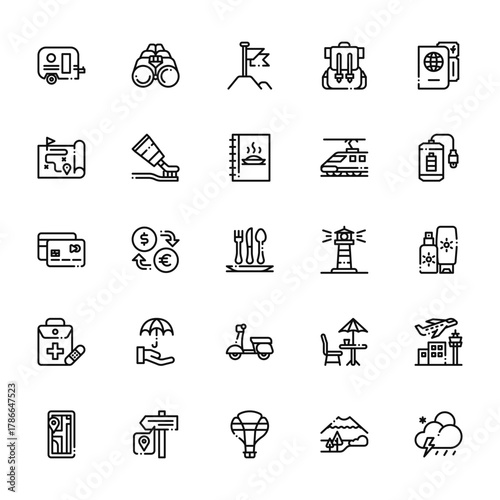 25 set of outline web travel icons such as binoculars, map, credit card, first aid kit, navigation vector thin icons for report, presentation, diagram, web design, mobile app