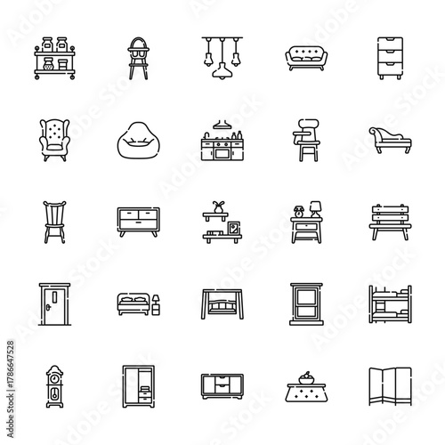 25 set of outline web furnitures icons such as highchair, wingback chair, windsor chair, door, clock vector thin icons for report, presentation, diagram, web design, mobile app