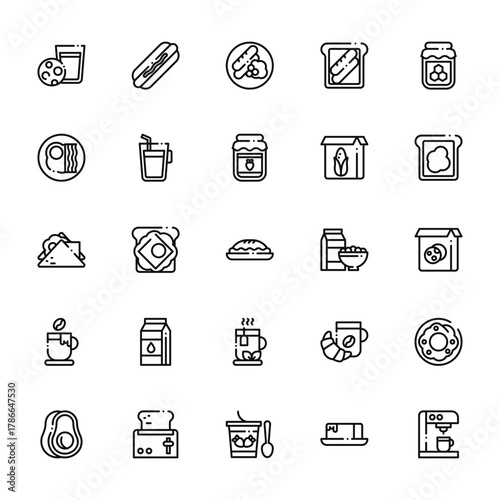 25 set of outline web breakfast icons such as hot dog, egg, sandwich, coffee, avocado vector thin icons for report, presentation, diagram, web design, mobile app