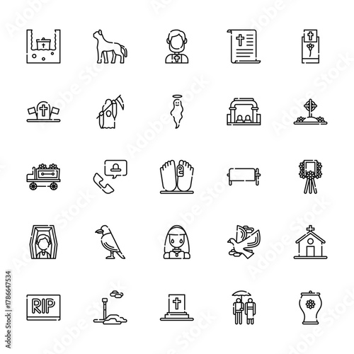 25 set of outline web funeral icons such as black cat, military, hearse, deceased, rip vector thin icons for report, presentation, diagram, web design, mobile app