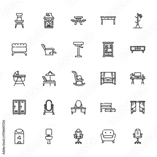 25 set of outline web furnitures icons such as fireplace, ottoman, basinet, school locker, bin vector thin icons for report, presentation, diagram, web design, mobile app