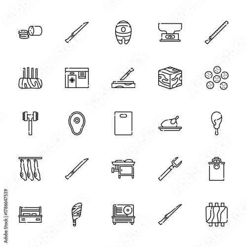 25 set of outline web butcher icons such as boning knife, lamb, tenderizer, lamb, fridge vector thin icons for report, presentation, diagram, web design, mobile app
