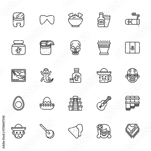 25 set of outline web mexico icons such as moustache, cactus, mexico, avocado, mexican vector thin icons for report, presentation, diagram, web design, mobile app