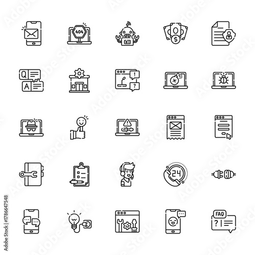 25 set of outline web support icons such as error, qa, spyware, manual book, chat vector thin icons for report, presentation, diagram, web design, mobile app