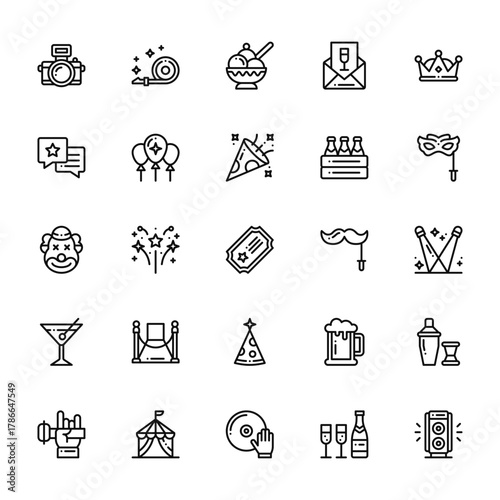 25 set of outline web event icons such as blower, chat, clown, cocktail, rock vector thin icons for report, presentation, diagram, web design, mobile app