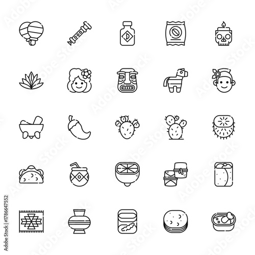 25 set of outline web mexico icons such as chirimia, agave, molcajete, taco, rug vector thin icons for report, presentation, diagram, web design, mobile app