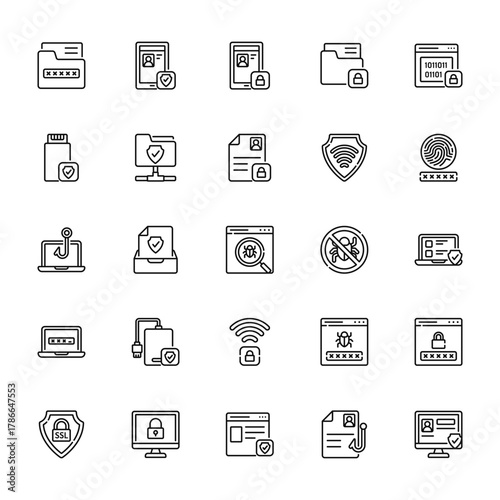 25 set of outline web data protection icons such as smartphone, flash disk, phishing, password, ssl vector thin icons for report, presentation, diagram, web design, mobile app