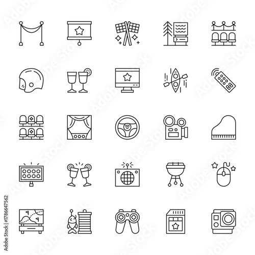 25 set of outline web amusement icons such as presentation, helmet, theatre, spotlight, golf vector thin icons for report, presentation, diagram, web design, mobile app