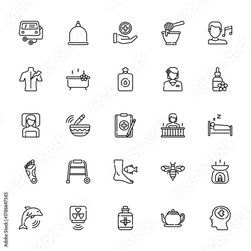 25 set of outline web theraphy icons such as cupping, pain, spa, reflexology, dolphin vector thin icons for report, presentation, diagram, web design, mobile app