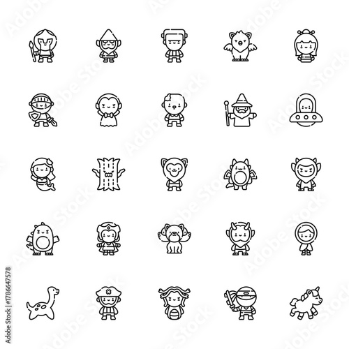 25 set of outline web fantastic characters icons such as gnome, knight, mermaid, godzilla, loch ness monster vector thin icons for report, presentation, diagram, web design, mobile app